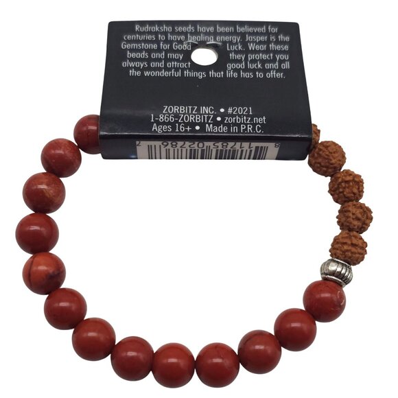 Rudraksha Seeds Red Jasper Stretch Bracelet For Protection Good Luck - Picture 2 of 2